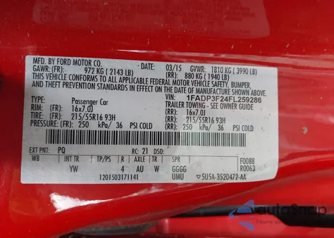 2015 Ford Focus Se from USA, damaged, VIN 1FADP3F24FL259286
